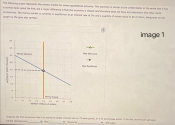 The following graph represents the money market for some hypothetical economy. This economy is similar to the United States in the sense that it has
a central bank called the Fed, but a major difference is that this economy is closed (and therefore does not have any interaction with other world
economies). The money market is currently in equilibrium at an interest rate of 3% and a quantity of money equal to $0.4 trillion, designated on the
graph by the grey star symbol.
image 1
INTEREST RATE (Percent)
5.0
45
9
4.0
3.5
3.0
25
20
15
1.0
0
Money Demand
01
Money Supply
02 0.3 0.4
0.5
MONEY (Trillions of dollars)
0.6 0.7
08
4-
New MS Curve
New Equilibrium
Suppose the Fed announces that it is raising its target interest rate by 75 basis points, or 0.75 percentage points. To do this, the Fed will use open-
market operations to
the public.
the
money by
