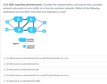 **5.12. BGP: Importing Advertisements**

Consider the network diagram below, assuming that a provider network only wants to carry traffic to or from its customer networks. Examine the network structure and determine which of the following statements are true (Hint: more than one statement is true).

**Diagram Explanation:**

- **Nodes**:
  - **Provider Nodes (Blue):** A, B, C, D (central nodes representing a provider network).
  - **Customer Nodes (Black):** w, x, y, z (peripheral nodes connected as customer networks).

- **Connections**:
  - **Provider Network Connections:** 
    - Node A is connected to Nodes Z, B.
    - Node B is connected to Nodes A, D, X.
    - Node D is connected to Nodes W, C, Y, X.
  - **Customer Network Connections:**
    - Node W is connected to Node D.
    - Node X is connected to Node B.
    - Node Y is connected to Node D.
    - Node Z is connected to Node A.

**Legend**:
- Provider networks are indicated by blue nodes.
- Customer networks are indicated by black nodes.

**Statements:**

1. □ D will forward an advertisement for a path that terminates at x to z.
2. □ D will receive an advertisement Cx.
3. □ D will receive an advertisement Bx.
4. □ D will forward an advertisement for a path that terminates at x to w.
5. □ D will receive an advertisement ABx.

In the context of BGP (Border Gateway Protocol), consider the rule that provider networks prefer not to forward advertisements to other providers, only to customers. Analyze the paths and select the statements that abide by this principle.