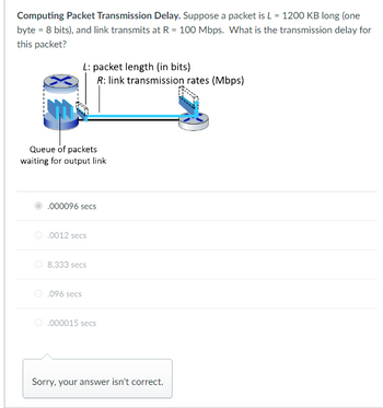 Computing Packet Transmission Delay. Suppose a packet is L = 1200 KB long (one
byte = 8 bits), and link transmits at R = 100 Mbps. What is the transmission delay for
this packet?
L: packet length (in bits)
R: link transmission rates (Mbps)
Queue of packets
waiting for output link
.000096 secs
.0012 secs
8,333 secs
.096 secs
.000015 secs
Sorry, your answer isn't correct.