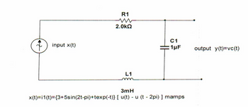 input x(t)
R1
w
2.0ΚΩ
L1
m
C1
1μF
output y(t)=vc(t)
3mH
x(t)=1(t)= {3+5sin(2t-pi)+texp(-t)} [ u(t) - u (t - 2pi) ] mamps