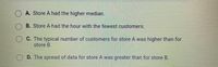 ### Interpretation of Customer Data for Store Analysis

The image presents a list of statements related to customer activity at two hypothetical stores, labeled as Store A and Store B. It suggests analyzing the data based on certain statistical measures. Below are the statements for analysis:

1. **A. Store A had the higher median.**
   - This suggests comparing the median number of customers between Store A and Store B to determine which store typically has more customers at the midpoint.

2. **B. Store A had the hour with the fewest customers.**
   - This statement involves identifying which store had the least number of customers during a specific hour in the dataset.

3. **C. The typical number of customers for Store A was higher than for store B.**
   - This compares the typical (average) customer numbers between the two stores.

4. **D. The spread of data for store A was greater than for store B.**
   - This looks at the variability or range of the number of customers, indicating which store had more variability in customer numbers.

### Explanation

* **Median:** A measure of central tendency, indicating the middle value when the data is ordered.
* **Typical Number of Customers:** Usually refers to the mean or average number of customers.
* **Spread of Data:** Reflects the variability in the data, often measured by range, variance, or standard deviation.

The image does not contain any graphs or diagrams, only these statements. For a proper analysis, access to actual data would be necessary to verify these statements. This would involve calculations based on real customer data from the respective stores.