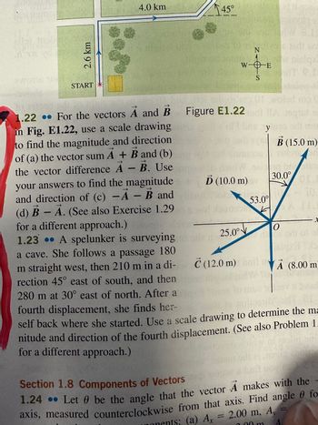 2.6 km
START
4.0 km
45°
WE
S
Figure E1.22
→
->>>
1.22 For the vectors A and B
in Fig. E1.22, use a scale drawing
to find the magnitude and direction
of (a) the vector sum A + B and (b)
the vector difference A - B. Use
your answers to find the magnitude
and direction of (c) - A - B and
(d) B - A. (See also Exercise 1.29
for a different approach.)
1.23. A spelunker is surveying
a cave. She follows a passage 180
m straight west, then 210 m in a di-
rection 45° east of south, and then
280 m at 30° east of north. After a
fourth displacement, she finds her-
self back where she started. Use a scale drawing to determine the ma
nitude and direction of the fourth displacement. (See also Problem 1.
for a different approach.)
N
1 pict
D (10.0 m)
K
25.0°
y
53.0⁰
224
B (15.0 m)
30.0°
O
e the
t
C (12.0 m) bat A (8.00 m)
Section 1.8 Components of Vectors
1.24 Let 0 be the angle that the vector A makes with the
axis, measured counterclockwise from that axis. Find angle 8 fo
ts: (a) A = 2.00 m, Ay
onents:
=