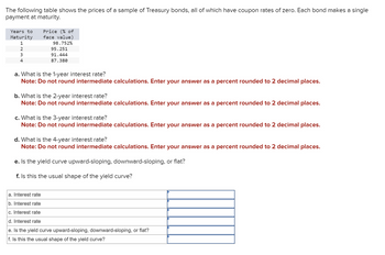 The following table shows the prices of a sample of Treasury bonds, all of which have coupon rates of zero. Each bond makes a single
payment at maturity.
Price (% of
face value)
98.752%
Years to
Maturity
1
2
95.251
3
91.444
4
87.380
a. What is the 1-year interest rate?
Note: Do not round intermediate calculations. Enter your answer as a percent rounded to 2 decimal places.
b. What is the 2-year interest rate?
Note: Do not round intermediate calculations. Enter your answer as a percent rounded to 2 decimal places.
c. What is the 3-year interest rate?
Note: Do not round intermediate calculations. Enter your answer as a percent rounded to 2 decimal places.
d. What is the 4-year interest rate?
Note: Do not round intermediate calculations. Enter your answer as a percent rounded to 2 decimal places.
e. Is the yield curve upward-sloping, downward-sloping, or flat?
f. Is this the usual shape of the yield curve?
a. Interest rate
b. Interest rate
c. Interest rate
d. Interest rate
e. Is the yield curve upward-sloping, downward-sloping, or flat?
f. Is this the usual shape of the yield curve?