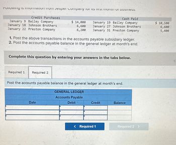 Following is nation om Jesper Company To Its Stont Of Dusiness.
Credit Purchases
January 9 Bailey Company
January 18 Johnson Brothers
January 22 Preston Company
$ 14,000
6,600
6,200
1. Post the above transactions in the accounts payable subsidiary ledger.
2. Post the accounts payable balance in the general ledger at month's end.
Required 1 Required 2
Complete this question by entering your answers in the tabs below.
Cash Paid
January 19 Bailey Company
January 27 Johnson Brothers
January 31 Preston Company
Date
Post the accounts payable balance in the general ledger at month's end.
GENERAL LEDGER
Accounts Payable
Debit
Credit
< Required 1
Balance
Required 2 >
$ 10,100
6,600
5,400