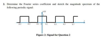 2. Determine the Fourier series coefficient and sketch the magnitude spectrum of the
following periodic signal:
ofor
-0.10 0.1
0.3
Figure 2: Signal for Question 2
-0.5
-0.3
0.7