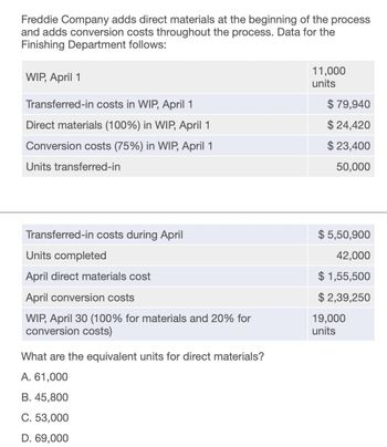 Freddie Company adds direct materials at the beginning of the process
and adds conversion costs throughout the process. Data for the
Finishing Department follows:
WIP, April 1
11,000
units
Transferred-in costs in WIP, April 1
Direct materials (100%) in WIP, April 1
Conversion costs (75%) in WIP, April 1
Units transferred-in
$ 79,940
$ 24,420
$ 23,400
50,000
Transferred-in costs during April
$ 5,50,900
Units completed
42,000
April direct materials cost
April conversion costs
WIP, April 30 (100% for materials and 20% for
conversion costs)
What are the equivalent units for direct materials?
A. 61,000
B. 45,800
$1,55,500
$2,39,250
19,000
units
C. 53,000
D. 69,000