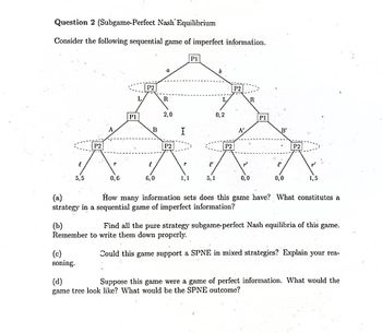 Question 2 (Subgame-Perfect Nash Equilibrium
Consider the following sequential game of imperfect information.
5,5
P2
T
(c)
soning.
0,6
P1
P2
B
6,0
a
R
2,0
P2
1,1
5,1
0,2
P2
P2
A'
R
0,0
P1
B'
{
0,0
P2
(a)
How many information sets does this game have? What constitutes a
strategy in a sequential game of imperfect information?
(b)
Find all the pure strategy subgame-perfect Nash equilibria of this game.
Remember to write them down properly.
Could this game support a SPNE in mixed strategies? Explain your rea-
(d)
Suppose this game were a game of perfect information. What would the
game tree look like? What would be the SPNE outcome?