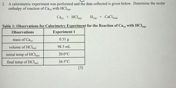 2. A calorimetric experiment was performed and the data collected is given below. Determine the molar
enthalpy of reaction of Ca(s) with HCl(aq)-
Ca(s) + HCl(aq) H2(g) + CaCl2(aq)
Table 1: Observations for Calorimetry Experiment for the Reaction of Ca, with HCl(aq)
Observations
mass of Ca(s)
volume of HCl(aq)
initial temp of HCl
(aq)
final temp of HCl(aq)
Experiment 1
0.51 g
98.5 mL
20.0°C
36.5°C
[3]