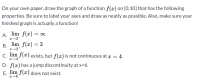 ### Instructions for Graphing a Function \( f(x) \) on an Interval \([0,10]\)

#### Objective:
Draw the graph of a function \( f(x) \) on the interval \([0,10]\) with the following specific properties. Ensure to label your axes and draw as neatly as possible. Verify that your finished graph satisfies the definition of a function.

#### Properties to Include in Your Graph:
1. **Property A:**
   \[
   \lim_{{x \to 2^-}} f(x) = \infty
   \]
   - The limit of \( f(x) \) as \( x \) approaches 2 from the left is infinity, indicating a vertical asymptote at \( x = 2 \) from the left side.

2. **Property B:**
   \[
   \lim_{{x \to 2^+}} f(x) = 2
   \]
   - The limit of \( f(x) \) as \( x \) approaches 2 from the right is 2.

3. **Property C:**
   \[
   \lim_{{x \to 4}} f(x) \text{ exists, but } f(x) \text{ is not continuous at } x = 4.
   \]
   - The limit of \( f(x) \) as \( x \) approaches 4 exists, however, \( f(x) \) itself is not continuous at \( x = 4 \). This suggests a removable discontinuity or a hole at \( x = 4 \).

4. **Property D:**
   - \( f(x) \) has a jump discontinuity at \( x = 6 \).
   - This means there is a sudden jump in the value of \( f(x) \) at \( x = 6 \).

5. **Property E:**
   \[
   \lim_{{x \to 8}} f(x) \text{ does not exist.}
   \]
   - The limit of \( f(x) \) as \( x \) approaches 8 does not exist, indicating a discontinuity at or around \( x = 8 \).

#### Steps to Draw the Graph:
1. **Axes and Scale:**
    - Draw and label the x-axis from 0 to 10.
    - Draw and label the y-axis with appropriate scale based on