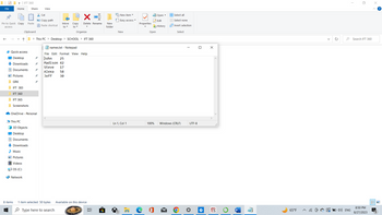 File
Pin to Quick Copy
access
I
LI
➡7
Home
IFT 360
This PC
Quick access
Desktop
Downloads
Documents
Pictures
GRK
IFT 383
IFT 360
IFT 365
Screenshots
↑
8 items
3D Objects
Pictures
Videos
OS (C:)
Clipboard
Network
Paste
Desktop
Documents
Downloads
Music
Share
OneDrive - Personal
Cut
IL.. Copy path
View
✰✰✰✰✰
Paste shortcut
Organize
> This PC > Desktop > SCHOOL > IFT 360
Move
to ▾
names.txt - Notepad
File Edit Format View Help
John
25
Madison 42
Steve 17
Alexa 58
30
Jeff
<
X
Copy Delete Rename
to ▾
1 item selected 50 bytes
Type here to search
Available on this device
D
At
New
folder
New item.
Easy access
New
Ln 1, Col 1
Properties
Open
Open
Edit
History
-
Select all
Select none
Invert selection
Select
100% Windows (CRLF)
O
I
UTF-8
✡
X
>
O
W
65°F
2
I
4) ENG
Search IFT 360
8:50 PM
8/27/2023