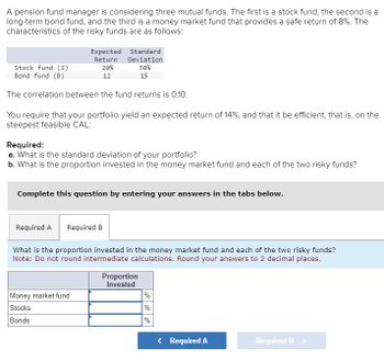 A pension fund manager is considering three mutual funds. The first is a stock fund, the second is a
long-term bond fund, and the third is a money market fund that provides a safe return of 8%. The
characteristics of the risky funds are as follows:
Expected
Return
20%
12
Stock fund (S)
Bond fund (B)
The correlation between the fund returns is 0.10.
You require that your portfolio yield an expected return of 14%, and that it be efficient, that is, on the
steepest feasible CAL:
Required A
Standard
Deviation
Required:
a. What is the standard deviation of your portfolio?
b. What is the proportion invested in the money market fund and each of the two risky funds?
Complete this question by entering your answers in the tabs below.
Required B
Money market fund
Stocks
Bonds
30%
15
What is the proportion invested in the money market fund and each of the two risky funds?
Note: Do not round intermediate calculations. Round your answers to 2 decimal places.
Proportion
Invested
%
%
%
< Required A
Required B >