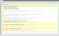 Salary x
Compile
Undo
Cut
Соpy
Paste
Find...
Close
Source Code
*/
public class Salary
|{
public static void main(String[] args){
String[] names
double[] salaries
Scanner input = new Scanner(System.in);
= new String[3];
new double[3];
// First, using loop to get 3 employee names from the user, and save them in the array "names"
// Hint: to get String values, use input.nextLine() method
// Next, using loop to get the salaries of the 3 employees, and save them in the array "salaries"
// The program should prompt the user with employee names, like:
// "What is the salary of Xiaoxing?"
// Then, modify the statements below to print out th
// and the NAME of the employee with the highest salary
// You should invoke the methods index0fHighest(), and getArrayAverage().
// The average number should have two decimal points
System.out.printf("The average salary is: "); // incomplete
System.out.println("The employee with the highest salary is: ");
average salary of all employees
// incomplete
private static double getArrayAverage (double[] input){
//This method should return the average of the array elements in the array "input"
return 0; // remove this line when you start working
%3D
private static int index0fHighest(int[] input){
// This method should return the INDEX of the largest element in the array "input"
return 0; // remove this line when you start working
}
saved
