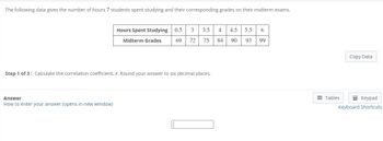 The following data gives the number of hours 7 students spent studying and their corresponding grades on their midterm exams.
3.5 4 4.5 5.5 6
84 90 93 99
Answer
How to enter your answer (opens in new window)
Hours Spent Studying 0.5 3
Midterm Grades 69 72 75
Step 1 of 3: Calculate the correlation coefficient, r. Round your answer to six decimal places.
Copy Data
Tables
Keypad
Keyboard Shortcuts