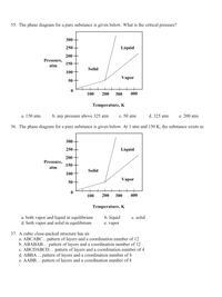 **Phase Diagrams and Crystal Structures**

**Question 35:**
The phase diagram for a pure substance is provided below. What is the critical pressure?

**Diagram Description:**
The graph is a phase diagram displaying the states of matter (solid, liquid, vapor) for a substance based on different pressures and temperatures. The y-axis represents Pressure (in atm), ranging from 0 to 300 atm. The x-axis represents Temperature (in Kelvin), ranging from 0 to 400 K.

- The line separating the solid and liquid phases slopes upwards from left to right.
- The line separating the liquid and vapor phases also slopes upwards but is more vertical.
- The line separating the solid and vapor phases is relatively flatter compared to the others.
  
**Answer Choices:**
a. 150 atm  
b. any pressure above 325 atm  
c. 50 atm  
d. 325 atm  
e. 200 atm  

**Question 36:**
The phase diagram for a pure substance is provided below. At 1 atm and 150 K, the substance exists as:

**Diagram Description:**
Similar to the previous phase diagram, this graph represents the states of matter based on varying pressures and temperatures, with the same range for pressure (0 to 300 atm) and temperature (0 to 400 K).

- The solid, liquid, and vapor regions are clearly demarcated.
  
**Answer Choices:**
a. both vapor and liquid in equilibrium  
b. liquid  
c. solid  
d. both vapor and solid in equilibrium  
e. vapor  

**Question 37:**
A cubic close-packed structure has a:

**Answer Choices:**
a. ABCABC…pattern of layers and a coordination number of 12  
b. ABABAB… pattern of layers and a coordination number of 12  
c. ABCDABCD… pattern of layers and a coordination number of 4  
d. ABBA… pattern of layers and a coordination number of 8  
e. AABB… pattern of layers and a coordination number of 8  