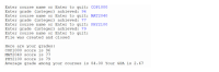 **How to Calculate Your GPA**

The process of recording and calculating GPA (Grade Point Average) typically involves inputting grades for each course. Here's a step-by-step example of how you might do this. 

1. **Enter Course Data**

   - You start by entering the course name followed by the grade achieved for each course. 

     ```
     Enter course name or Enter to quit: COP1000
     Enter grade (integer) achieved: 96
     ```

   - You continue this for each course:

     ```
     Enter course name or Enter to quit: MAT2040
     Enter grade (integer) achieved: 77
     ```

     ```
     Enter course name or Enter to quit: PHY2100
     Enter grade (integer) achieved: 79
     ```

2. **Completion of Data Entry**

   - Once all courses and grades have been entered, the data entry process is concluded.

     ```
     Enter course name or Enter to quit: 
     File was created and closed
     ```

3. **Grade Summary**

   - After inputting all the necessary data, you can review the grades for each course:

     ```
     Here are your grades:
     COP1000 score is 96
     MAT2040 score is 77
     PHY2100 score is 79
     ```

4. **Average Grade and GPA Calculation**

   - The average grade among the courses is calculated.
   - GPA is also provided based on the entered grades.

     ```
     Average grade among your courses is 84.00. Your GPA is 2.67
     ```

**Explanation**

- COP1000: Scored 96
- MAT2040: Scored 77
- PHY2100: Scored 79

To calculate the average grade:
- Add all the scores: 96 + 77 + 79 = 252
- Divide by the number of courses: 252 / 3 = 84

The GPA of 2.67 in this context appears to be calculated from the average grade, though usually, the GPA might also take into account the credit hours and the grading scale. It's important to conform to your institution's specific GPA calculation formulas.

This exemplifies a practical scenario of tracking your academic performance and understanding how each grade impacts your overall GPA.