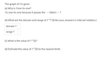 The graph of fis given.
(a) Why is fone-to-one?
fis one-to-one because it passes the ---Select--- ?
(b) What are the domain and range of f-1? (Enter your answers in interval notation.)
domain?
range ?
(c) What is the value of f-¹(1)?
(d) Estimate the value of f¹(0) to the nearest tenth.