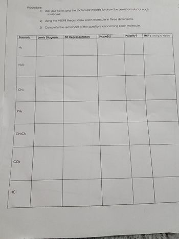 **Procedure:**

1. Use your notes and the molecular models to draw the Lewis formula for each molecule.
2. Using the VSEPR theory, draw each molecule in three dimensions.
3. Complete the remainder of the questions concerning each molecule.

---

The table includes columns labeled as follows:

- **Formula**: Lists chemical formulas for various molecules.
- **Lewis Diagram**: A space to draw the Lewis structure, showing connectivity and valence electrons.
- **3D Representation**: A space to depict the molecule’s three-dimensional shape.
- **Shape(s)**: A description of the molecular geometry.
- **Polarity?**: Indicates whether the molecule is polar or non-polar.
- **IMF’s (Strong to Weak)**: Lists intermolecular forces present in each molecule, from strongest to weakest.

**Formulas Included in the Table:**

- H₂
- H₂O
- CH₄
- PH₃
- CH₂Cl₂
- CO₂
- HCl

This worksheet guides students through visualizing and understanding the structure and properties of different molecules, using both theoretical and practical approaches.