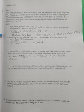 **Chem 105 Online**

---

**Safety:**

While these are household items that you could easily purchase at the store, please understand that this is still for chemistry purposes. Do not INGEST anything or leave readily available for pets and young children to get into (especially your chalk, um—I mean your final precipitate 