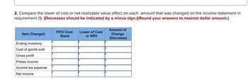 2. Compare the lower of cost or net realizable value effect on each amount that was changed on the income statement in
requirement (1). (Decreases should be indicated by a minus sign.)(Round your answers to nearest dollar amount.)
Item Changed
Ending inventory
Cost of goods sold
Gross profit
Pretax income
Income tax expense
Net income
FIFO Cost
Basis
Lower of Cost
or NRV
Amount of
Change
(Decrease)