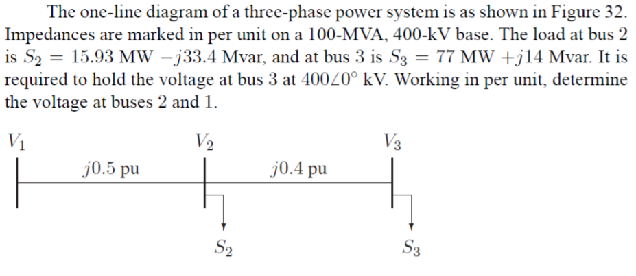 The one-line diagram of a three-phase power system is as shown in Figure 32
Impedances are marked in per unit on a 100-MVA, 400-kV base. The load at bus 2
is S2--15.93 MW-J33.4 Mvar, and at bus 3 İs S3-77 MN +jl4 Mvar. It is
required to hold the voltage at bus 3 at 4000° kV. Working in per unit, determine
the voltage at buses 2 and
V1
V2
V3
j0.5 pu
j0.4 pu
3
