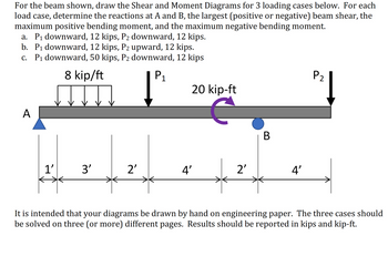 For the beam shown, draw the Shear and Moment Diagrams for 3 loading cases below. For each
load case, determine the reactions at A and B, the largest (positive or negative) beam shear, the
maximum positive bending moment, and the maximum negative bending moment.
a. P₁ downward, 12 kips, P₂ downward, 12 kips.
b. P₁ downward, 12 kips, P2 upward, 12 kips.
c. P₁ downward, 50 kips, P₂ downward, 12 kips
8 kip/ft
P₁
A
1'
*
3'
2²
20 kip-ft
4'
2²
B
4'
P₂
It is intended that your diagrams be drawn by hand on engineering paper. The three cases should
be solved on three (or more) different pages. Results should be reported in kips and kip-ft.