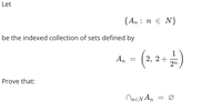 Let \(\{ A_n : n \in \mathbb{N} \}\) be the indexed collection of sets defined by

\[
A_n = \left(2, 2 + \frac{1}{2^n}\right)
\]

Prove that:

\[
\bigcap_{n \in \mathbb{N}} A_n = \emptyset
\]