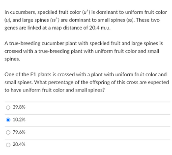 In cucumbers, speckled fruit color (u') is dominant to uniform fruit color
(u), and large spines (ss") are dominant to small spines (ss). These two
genes are linked at a map distance of 20.4 m.u.
A true-breeding cucumber plant with speckled fruit and large spines is
crossed with a true-breeding plant with uniform fruit color and small
spines.
One of the F1 plants is crossed with a plant with uniform fruit color and
small spines. What percentage of the offspring of this cross are expected
to have uniform fruit color and small spines?
39.8%
10.2%
79.6%
20.4%