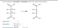 The conversion of succinate to fumarate in the TCA cycle is shown below.
a
H-CH
H-
Н—с—н
H-C
Carbon a is
Carbon b is
lost as CO2
oxidized
reduced
