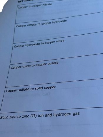 NET
Copper to copper nitrate
Copper nitrate to copper hydroxide
Copper hydroxide to copper oxide
Copper oxide to copper sulfate
Copper sulfate to solid copper
CUO
Solid zinc to zinc (II) ion and hydrogen gas