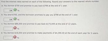 Find the interest rates earned on each of the following. Round your answers to the nearest whole number.
a. You borrow $700 and promise to pay back $798 at the end of 1 year.
14
b. You lend $700, and the borrower promises to pay you $798 at the end of 1 year.
%
14
c. You borrow $86,000 and promise to pay back $173,049 at the end of 12 years.
%
%
d. You borrow $18,000 and promise to make payments of $4,390.00 at the end of each year for 5 years.
%