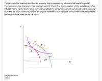 The picture in this exercise describes an economy that is experiencing a boom in the level of capital K.
The economy, after the boom, has reached point B. Point A is the evaluation of the substitution effect
induced by the capital boom. What can you say about the consumption and leisure levels in the economy
BEFORE the boom? Select a point on the original indifference curve (purple curve) where consumption (and
leisure) may have been before the boom.
A
w**
h-l
Selected Coordinates
Clear
