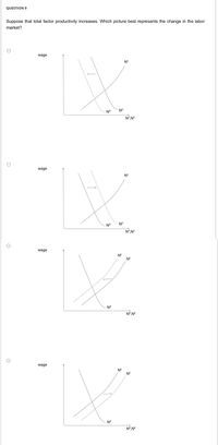 QUESTION 9
Suppose that total factor productivity increases. Which picture best represents the change in the labor
market?
wage
N$
Nd
Nd
No,NS
wage
N$
Nd
Nd
wage
N$
NS
Nd
Nº,NS
wage
NS
Ns
----- -
Nd
Nº N°
