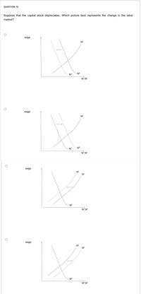 QUESTION 10
Suppose that the capital stock depreciates. Which picture best represents the change in the labor
market?
wage
NS
Nd
Nd
No,NS
wage
N$
Na
Nd
Nº,N°
wage
NS
NS
Nd
No,NS
wage
NS
Ns
-------
Nd
