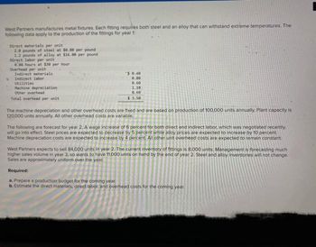West Partners manufactures metal fixtures. Each fitting requires both steel and an alloy that can withstand extreme temperatures. The
following data apply to the production of the fittings for year 1:
Direct materials per unit
2.0 pounds of steel at 50.80 per pound
1.2 pounds of alloy at $16.00 per pound
Direct labor per unit
0:04 hours at $30 per hour
Overhead per unit
Indirect materials
Indicect labor
Utilities
Machine depreciation
Other overhead
Total overhead per unit
*$ 0.40
0.80
0.60
1.10
8.60
$ 3.50
The machine depreciation and other overhead costs are fixed and are based on production of 100,000 units annually. Plant capacity is
120,000 units annually. All other overhead costs are variable.
The following are forecast for year 2. A wage increase of 6 percent for both direct and indirect labor, which was negotiated recently.
will go into effect. Steel prices are expected to decrease by 5 percent while alloy prices are expected to increase by 10 percent.
Machine depreciation costs are expected to increase by 4 percent. All other unit overhead costs are expected to remain constant.
West Partners expects to sell 84,000 units in year 2. The current inventory of fittings is 8,000 units. Management is forecasting much
higher sales volume in year 3, so wants to have 11.000 units on hand by the end of year 2. Steel and alloy Inventories will not change.
Sales are approximately uniform over the year.
Required:
a. Prepare a production budget for the coming year.
b. Estimate the direct materials, direct labor, and overhead costs for the coming year.