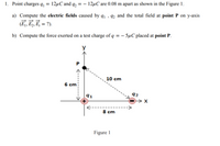 1. Point charges qı = 12µC and q2 = – 12µC are 0.08 m apart as shown in the Figure 1.
a) Compute the electric fields caused by q, , ½ and the total field at point P on y-axis
(E, E,, E, = ?).
b) Compute the force exerted on a test charge of q = - 5µC placed at point P.
y
10 cm
6 cm
q2
91
8 cm
Figure 1
