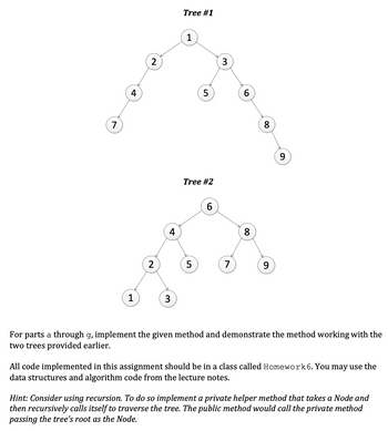 7
4
2
4
2
Tree #1
1
5
Tree #2
6
3
6
8
8
9
5
7
9
1
For parts a through g, implement the given method and demonstrate the method working with the
two trees provided earlier.
All code implemented in this assignment should be in a class called Homework 6. You may use the
data structures and algorithm code from the lecture notes.
Hint: Consider using recursion. To do so implement a private helper method that takes a Node and
then recursively calls itself to traverse the tree. The public method would call the private method
passing the tree's root as the Node.