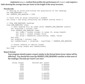 Implement a main method that profiles the performance of insert and outputs a
table showing the average time per insert as the length of the array increases.
Pseudocode:
// Setting to allow fine-tuning the granularity of the readings
Let NUM READINGS = 60
Let INSERTS PER READING = 1000
// Start with an array containing 1 element
Let array = new array containing one element having value 0
// Take NUM_READINGS readings
Loop NUM READINGS times.
// Each reading will be taken after INSERTS PER READING inserts
Let startTime = current time
Loop INSERTS PER READING times
Let index = random integer in range [0, array.length)
Let value = random integer value
Let array =
Homework1.insert (array, index, value)
End Loop
Let stopTime
= current time
Let time PerInsert = (stopTime startTime) / INSERTS PER READING
// Output reading in tabular format
Output array length and time Per Insert
End Loop
Report format:
Your program should output a report similar to the format below (your values will be
different). You should fine-tune the INSERTS_PER_READING constant so that none of
the readings ("Seconds per insert") are zero:
Array length
Seconds per insert
0.000024
1000
2000
0.000028
3000
0.000041
4000
0.000036
57000
0.000262
58000
0.000318
59000
0.000324
60000
0.000328