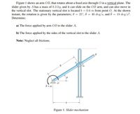 Figure 1 shows an arm OB, that rotates about a fixed axis through O in a vertical plane. The
slider given by A has a mass of 0.3 kg, and it can slide on the OB arm, and can also move in
the vertical slot. The stationary vertical slot is located b = 0.6 m from point O. At the shown
instant, the rotation is given by the parameters; 0 = 25°, ở = 40 deg/s, and ö = 18 deg/s?.
Determine;
a) The force applied by arm OB to the slider A,
b) The force applied by the sides of the vertical slot to the slider A.
Note: Neglect all frictions.
B
b
Figure 1: Slider mechanism
