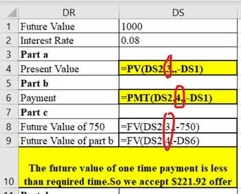 DR
1 Future Value
2 Interest Rate
3 Part a
4 Present Value
5 Part b
6 Payment
7
1000
0.08
DS
|=PV(DS2(3„-DS1)
|=PMT(DS2,4, -DS1)
Part c
8 Future Value of 750
=FV(DS2 3-750)
9 Future Value of part b |=FV(DS24-DS6)
The future value of one time payment is less
10 than required time.So we accept $221.92 offer