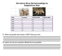 Predator-Prey Relationships in
Population Size
Year
# Lynxes
Hares born # Hares died
1985
6.
54
10
1990
46
16
1995
2000
12
35
22
14
28
33
2005
11
34
25
2010
10
38
18
27. What is the growth rate of hares in 2005? Show your work.
28. Explain how the lynx population affected the hare population.
