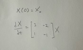 The image contains mathematical expressions involving differential equations and matrices, suitable for an educational website:

1. **Initial Condition:**
   \[
   X(0) = X_0
   \]
   This represents the initial state of the system at time \( t = 0 \).

2. **Matrix Differential Equation:**
   \[
   \frac{dX}{dt} = \begin{bmatrix} 3 & -2 \\ 1 & -1 \end{bmatrix} X
   \]
   - This is a first-order linear differential equation involving a matrix multiplication.
   - The matrix \(\begin{bmatrix} 3 & -2 \\ 1 & -1 \end{bmatrix}\) is a 2x2 matrix.
   - \(X\) is typically a vector.

This system is used to study the behavior of dynamic systems where the rate of change of a state vector \(X\) is determined by linear transformations represented by the matrix.