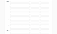 This image displays a tabular format with dates on the left side, including March 1, 3, 9, 15, 31, and April 10. Each date is associated with three empty, labeled fields or text boxes distributed horizontally.

No diagrams or graphs are present in the image. 

The table likely serves as a template or form for logging or tracking activities, events, or data entries corresponding to the specified dates in March and April.