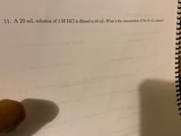 **Question 11:**

A 20 mL solution of 3 M HCl is diluted to 60 mL. What is the concentration of the 60 mL solution?

**Explanation:**

To find the new concentration after dilution, you use the formula for dilution:

\[ C_1V_1 = C_2V_2 \]

Where:
- \( C_1 \) is the initial concentration (3 M).
- \( V_1 \) is the initial volume (20 mL).
- \( C_2 \) is the final concentration.
- \( V_2 \) is the final volume (60 mL).

By rearranging the equation to solve for \( C_2 \):

\[ C_2 = \frac{C_1V_1}{V_2} \]

Substituting the given values:

\[ C_2 = \frac{3 \, \text{M} \times 20 \, \text{mL}}{60 \, \text{mL}} \]

\[ C_2 = \frac{60}{60} \]

\[ C_2 = 1 \, \text{M} \]

Thus, the concentration of the 60 mL solution is 1 M.