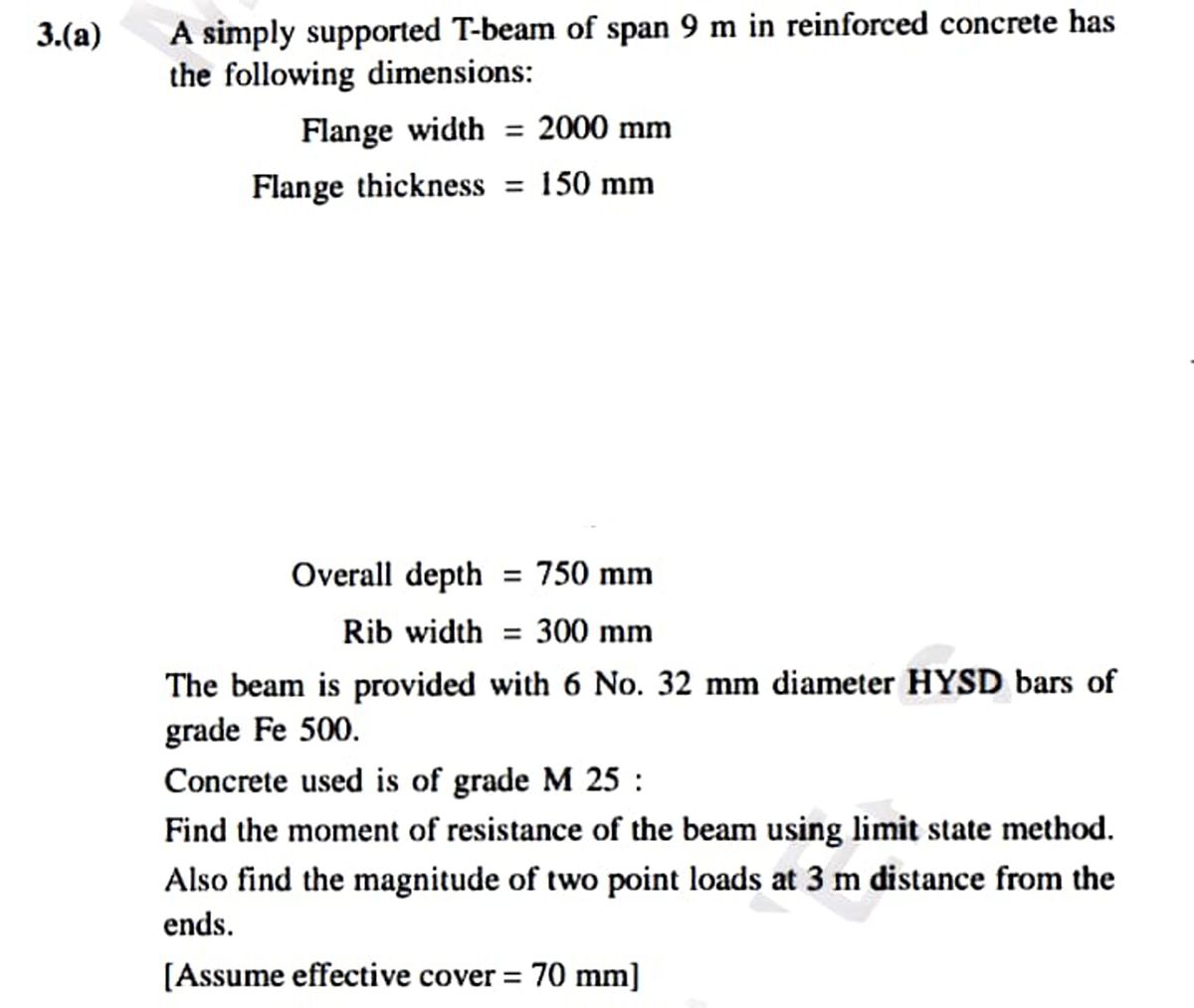 A beam of L meters span simply supported at end carries a central load W.  The overall depth of beam section is 300 mm with horizontal flanges each of  200 mm x