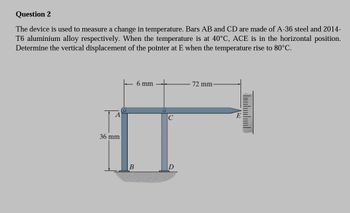 Question 2
The device is used to measure a change in temperature. Bars AB and CD are made of A-36 steel and 2014-
T6 aluminium alloy respectively. When the temperature is at 40°C, ACE is in the horizontal position.
Determine the vertical displacement of the pointer at E when the temperature rise to 80°C.
36 mm
B
6 mm
72 mm.
السياسا