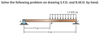 Solve the following problem on drawing S.F.D. and B.M.D. by hand.
-2 m-
B
-4 m
1.5 kN/m