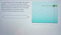 An airplane releases a ball as it flies parallel to the ground at
235 m as shown in the figure. If the ball
a height of h =
lands on the ground a horizontal distance equal to the height
h from the release point, calculate the speed v of the plane.
Neglect any effects due to air resistance, and use
g = 9.81 m/s? for the acceleration due to gravity.
U =
m/s
h
