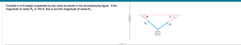 Consider a w-N weight suspended by two wires as shown in the accompanying figure. If the
magnitude of vector F₂ is 160 N, find w and the magnitude of vector F₁.
C
48
F₁
F2
V
W
37