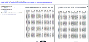 Given a normal distribution with μ = 50 and o=5, complete parts (a) through (d).
Click here to view page 1 of the cumulative standardized normal distribution table. Click here to view page 2 of the cumulative standardized normal distribution table.
a. What is the probability that X> 44?
P(X>44) = 0.8849 (Round to four decimal places as needed.)
b. What is the probability that X < 40?
P(X<40) = 0.0228 (Round to four decimal places as needed.)
c. For this distribution, 9% of the values are less than what X-value?
X= (Round to the nearest integer as needed.)
G
Cumulative standardized normal distribution table, page 1
Z 0.00 0.01 0.02 0.03 0.04 0.05
0.06 0.07 0.08 0.09
-3.0 0.0014 0.0013 0.0013 0.0012 0.0012 0.0011 0.0011 0.0011 0.0010 0.0010
-2.9 0.0019 0.0018 0.0018 0.0017 0.0016 0.0016 0.0015 0.0015 0.0014 0.0014
-2.8 0.0026 0.0025 0.0024 0.0023 0.0023 0.0022 0.0021 0.0021 0.0020 0.0019
-2.7 0.0035 0.0034 0.0033 0.0032 0.0031 0.0030 0.0029 0.0028 0.0027 0.0026
-2.6 0.0047 0.0045 0.0044 0.0043 0.0041 0.0040 0.0039 0.0038 0.0037 0.0036
-2.5 0.0062 0.0060 0.0059 0.0057 0.0055 0.0054 0.0052 0.0051 0.0049 0.0048
-2.4 0.0082 0.0080 0.0078 0.0075 0.0073 0.0071 0.0069 0.0068 0.0066 0.0064
-23 0.0107 0.0101 0.0102 0.0099 0.0096 0.0091 0.0091 0.0089
-2.3 0.0107 0.0104 0.0102 0.0099 0.0096 0.0094 0.0091 0.0089 0.0087 0.0084
0.0087 0.0084
22 0.0129 0.0126 0.013 0.0120 0.125 0.0132 0.0410 0.0116 0.0142 0.0410
-2.2 0.0139 0.0136 0.0132 0.0129 0.0125 0.0122 0.0119 0.0116 0.0113 0.0110
-21 0.0179 0.0174 0.0170 0.0166 0.0162 0.0158 10454 0.045 0.0145 0.0142
-2.1 0.0179 0.0174 0.0170 0.0166 0.0162 0.0158 0.0154 0.0150 0.0146 0.0143
500.0220 0.0227 0.0217 0.0243 0.0207 0.0202 0.0107 0.0102 0.0100 0.0102
-2.0 0.0228 0.0222 0.0217 0.0212 0.0207 0.0202 0.0197 0.0192 0.0188 0.0183
-1.9 0.0287 0.0281 0.0274 0.0268 0.0262 0.0256 0.0250 0.0244 0.0239 0.0233
-1.9 0.0287 0.0281 0.0274 0.0268 0.0262 0.0256 0.0250 0.0244 0.0239 0.0233
-1.8 0.0359 0.0361 0.0344 0.0236 0.0329 0.0222 0.0311 0.0307 0.0301 0.0291
-1.8 0.0359 0.0351 0.0344 0.0336 0.0329 0.0322 0.0314 0.0307 0.0301 0.0294
-1.7 0.0446 0.0436 0.0427 0.0418 0.0409 0.0401 0.0392 0.0384 0.0375 0.0367
-1.6 0.0548 0.0537 0.0526 0.0516 0.0505 0.0495 0.0485 0.0475 0.0465 0.0455
-1.5 0.0668 0.0655 0.0643 0.0630 0.0618 0.0606 0.0594 0.0582 0.0571 0.0559
-1.4 0.0808 0.0793 0.0778 0.0764 0.0749 0.0735 0.0721 0.0708 0.0694 0.0681
-1.3 0.0968 0.0951 0.0934 0.0918 0.0901 0.0885 0.0869 0.0853 0.0838 0.0823
-1.2 0.1151 0.1131 0.1112 0.1093 0.1075 0.1056 0.1038 0.1020 0.1003 0.0985
-1.1 0.1357 0.1335 0.1314 0.1292 0.1271 0.1251 0.1230 0.1210 0.1190 0.1170
-1.0 0.1587 0.1562 0.1539 0.1515 0.1492 0.1469 0.1446 0.1423 0.1401 0.1379
-0.9 0.1841 0.1814 0.1788 0.1762 0.1736 0.1711 0.1685 0.1660 0.1635 0.1611
-0.9 0.1841 0.1814 0.1766 0.1762 0.1736 0.1711 0.1665 0.1660 0.1635 0.1611
-0.0 0.20 0.2090 0.2007 0.2099 0.2009 0.1977 0.1949 0.1922 0.1094 0.1007
-0.8 0.2119 0.2090 0.2061 0.2033 0.2005 0.1977 0.1949 0.1922 0.1894 0.1867
-0.7 0.2420 0.2388 0.2358 0.2327 0.2296 0.2266 0.2236 0.2206 0.2177 0.2148
0.2990
03454
-0.6 0.2743 0.2709 0.2676 0.2643 0.2611 0.2578 0.2546 0.2514 0.2482 0.2451
-0.5 0.3085 0.3050 0.3015 0.2981 0.2946 0.2912 0.2877 0.2843 0.2810 0.2776
-0.4 0.3446 0.3409 0.3372 0.3336 0.3300 0.3264 0.3228 0.3192 0.3156 0.3121
-0.3 0.3821 0.3783 0.3745 0.3707 0.3669 0.3632 0.3594 0.3557 0.3520 0.3483
-0.2 0.4207 0.4168 0.4129 0.4090 0.4052 0.4013 0.3974 0.3936 0.3897 0.3859
-0.1 0.4602 0.4562 0.4522 0.4483 0.4443 0.4404 0.4364 0.4325 0.4286 0.4247
-0.0 0.5000 0.4960 0.4920 0.4880 0.4840 0.4801 0.4761 0.4721 0.4681 0.4641
Print
Done
Cumulative standardized normal distribution table, page
2.
Z 0.00 0.01 0.02 0.03 0.04 0.05 0.06 0.07 0.08 0.09
0.0 0.5000 0.5040 0.5080 0.5120 0.5160 0.5199 0.5239 0.5279 0.5319 0.5359
0.1 0.5398 0.5438 0.5478 0.5517 0.5557 0.5596 0.5636 0.5675 0.5714 0.5753
0.2 0.5793 0.5832 0.5871 0.5910 0.5948 0.5987 0.6026 0.6064 0.6103 0.6141
0.3 0.6179 0.6217 0.6255 0.6293 0.6331 0.6368 0.6406 0.6443 0.6480 0.6517
0.4 0.6554 0.6591 0.6628 0.6664 0.6700 0.6736 0.6772 0.6808 0.6844 0.6879
0.5 0.6915 0.6950 0.6985 0.7019 0.7054 0.7088 0.7123 0.7157 0.7190 0.7224
0.6 0.7257 0.7291 0.7324 0.7357 0.7389 0.7422 0.7454 0.7486 0.7518 0.7549
0.7 0.7580 0.7612 0.7642 0.7673 0.7704 0.7734 0.7764 0.7794 0.7823 0.7852
0.8 0.7881 0.7910 0.7939 0.7967 0.7995 0.8023 0.8051 0.8078 0.8106 0.8133
0.9 0.8159 0.8186 0.8212 0.8238 0.8264 0.8289 0.8315 0.8340 0.8365 0.8389
1.0 0.8413 0.8438 0.8461 0.8485 0.8508 0.8531 0.8554 0.8577 0.8599 0.8621
1.1 0.8643 0.8665 0.8686 0.8708 0.8729 0.8749 0.8770 0.8790 0.8810 0.8830
1.2 0.8849 0.8869 0.8888 0.8907 0.8925 0.8944 0.8962 0.8980 0.8997 0.9015
1.3 0.9032 0.9049 0.9066 0.9082 0.9099 0.9115 0.9131 0.9147 0.9162 0.9177
1.4 0.9192 0.9207 0.9222 0.9236 0.9251 0.9265 0.9279 0.9292 0.9306 0.9319
1.5 0.9332 0.9345 0.9357 0.9370 0.9382 0.9394 0.9406 0.9418 0.9429 0.9441
1.6 0.9452 0.9463 0.9474 0.9484 0.9495 0.9505 0.9515 0.9525 0.9535 0.9545
O 0500
0622
1.7 0.9554 0.9564 0.9573 0.9582 0.9591 0.9599 0.9608 0.9616 0.9625 0.9633
1.9 0.0611
0.0040 00
602 0.0600 0706
1.8 0.9641 0.9649 0.9656 0.9664 0.9671 0.9678 0.9686 0.9693 0.9699 0.9706
1.9 0.9713 0.9719 0.9726 0.9732 0.9738 0.9744 0.9750 0.9756 0.9761 0.9767
2.0 0.9772 0.9778 0.9783 0.9788 0.9793 0.9798 0.9803 0.9808 0.9812 0.9817
2.1 0.9821 0.9826 0.9830 0.9834 0.9838 0.9842 0.9846 0.9850 0.9854 0.9857
2.2 0.9861 0.9864 0.9868 0.9871 0.9875 0.9878 0.9881 0.9884 0.9887 0.9890
2.3 0.9893 0.9896 0.9898 0.9901 0.9904 0.9906 0.9909 0.9911 0.9913 0.9916
2.4 0.9918 0.9920 0.9922 0.9925 0.9927 0.9929 0.9931 0.9932 0.9934 0.9936
2.5 0.9938 0.9940 0.9941 0.9943 0.9945 0.9946 0.9948 0.9949 0.9951 0.9952
2.6 0.9953 0.9955 0.9956 0.9957 0.9959 0.9960 0.9961 0.9962 0.9963 0.9964
2.7 0.9965 0.9966 0.9967 0.9968 0.9969 0.9970 0.9971 0.9972 0.9973 0.9974
2.8 0.9974 0.9975 0.9976 0.9977 0.9977 0.9978 0.9979 0.9979 0.9980 0.9981
2.9 0.9981 0.9982 0.9982 0.9983 0.9984 0.9984 0.9985 0.9985 0.9986 0.9986
3.0 0.9987 0.9987 0.9987 0.9988 0.9988 0.9989 0.9989 0.9989 0.9990 0.9990