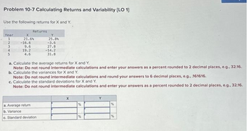 Problem 10-7 Calculating Returns and Variability [LO 1]
Use the following returns for X and Y.
Year
1
2
3
4
5
Returns
21.6%
-16.6
9.6
19.2
4.6
Y
25.8%
-3.6
27.8
-14.2
31.8
a.
Calculate the average returns for X and Y.
Note: Do not round intermediate calculations and enter your answers as a percent rounded to 2 decimal places, e.g., 32.16.
b. Calculate the variances for X and Y.
Note: Do not round intermediate calculations and round your answers to 6 decimal places, e.g., .161616.
c. Calculate the standard deviations for X and Y.
Note: Do not round intermediate calculations and enter your answers as a percent rounded to 2 decimal places, e.g., 32.16.
a. Average return
b. Variance
c. Standard deviation.
X
%
%
%